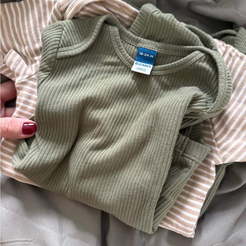 Old Navy Olive and Beige Baby Bodysuits • 18-24M